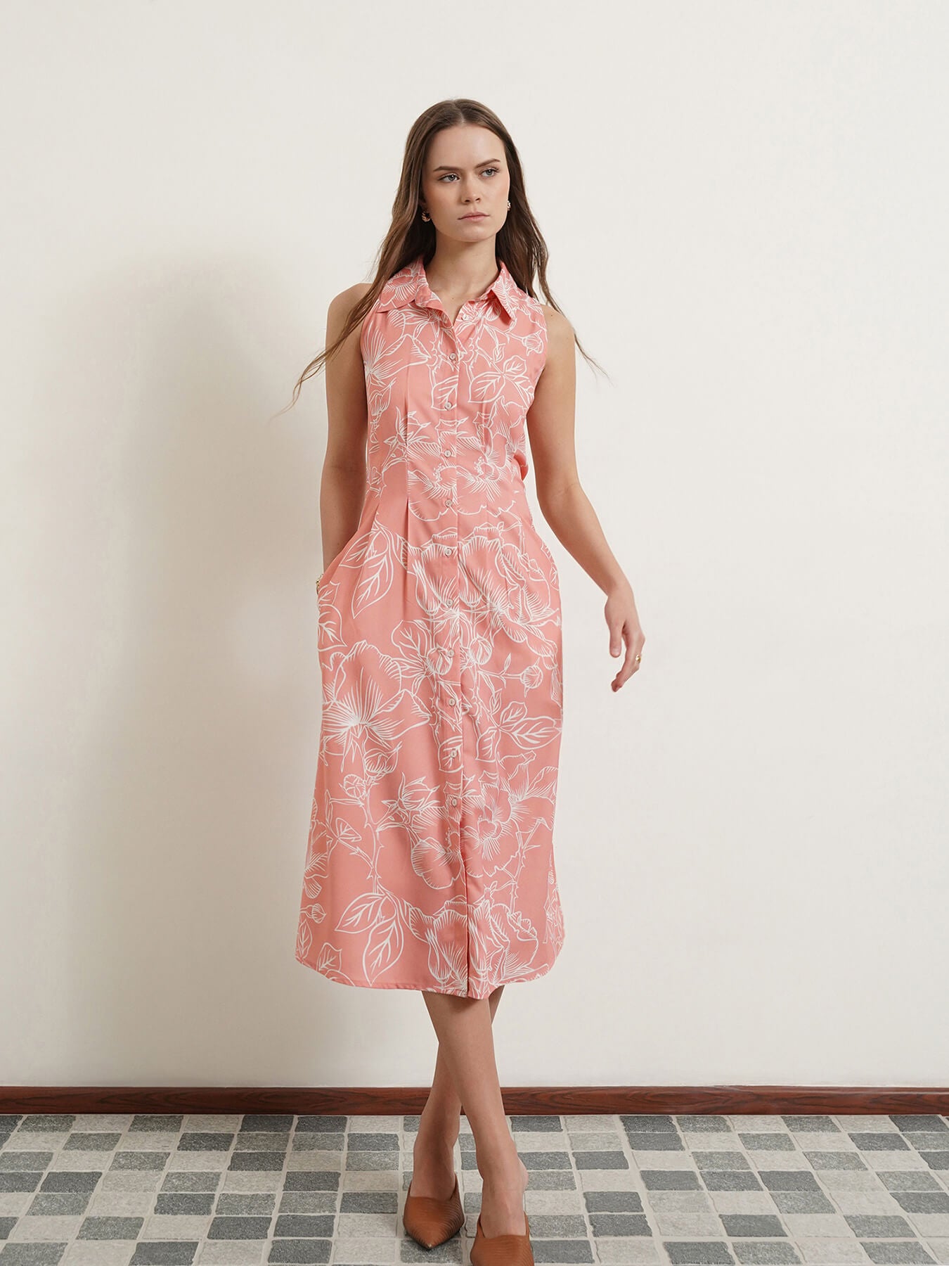Floral Button Down Midi Dress - Pink