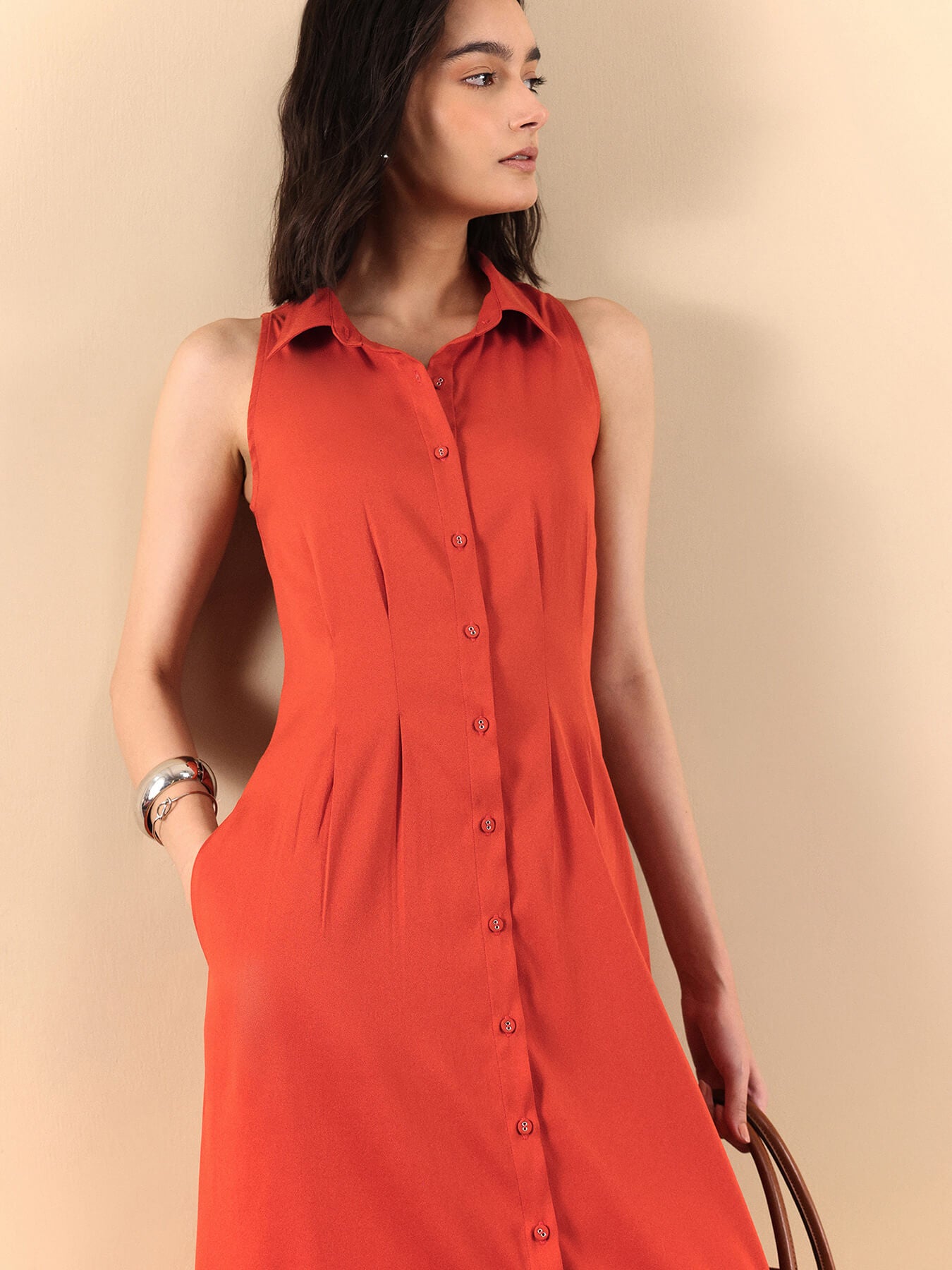 Button Down Midi Dress - Rust