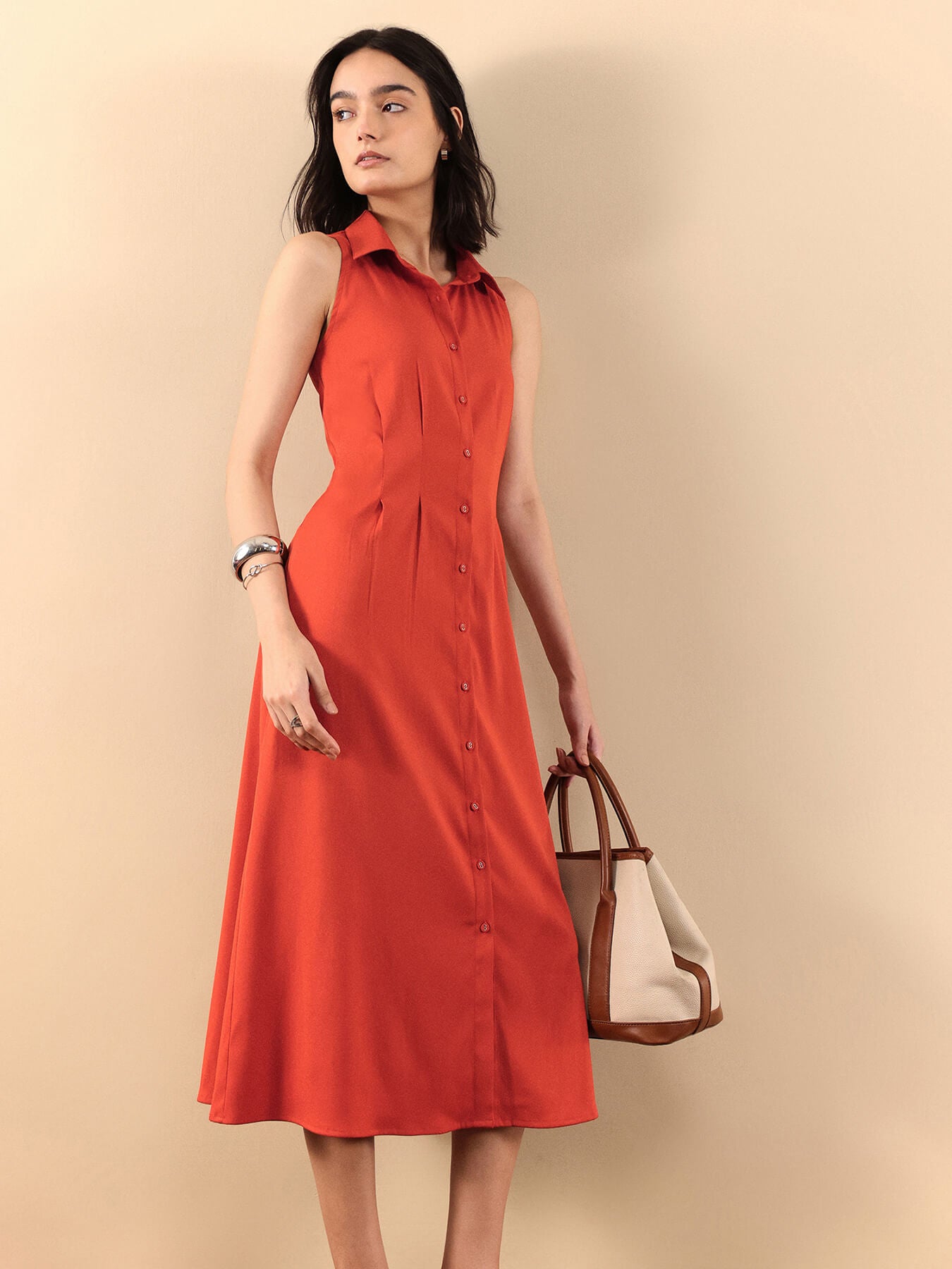 Button Down Midi Dress - Rust