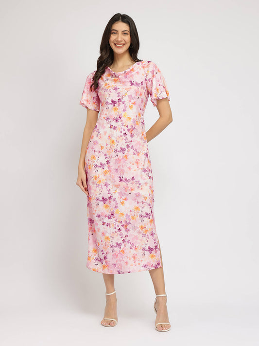 Floral A-Line Midi Dress - Pink