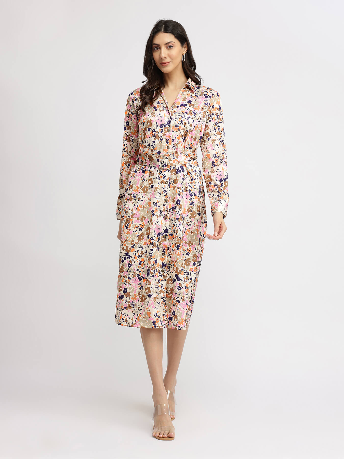 Satin Floral Button Down Dress - Multicolour