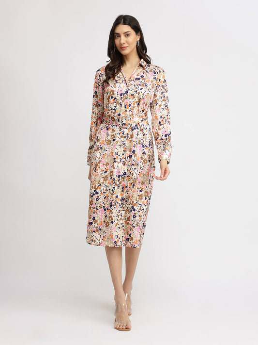 Satin Floral Button Down Dress - Multicolour