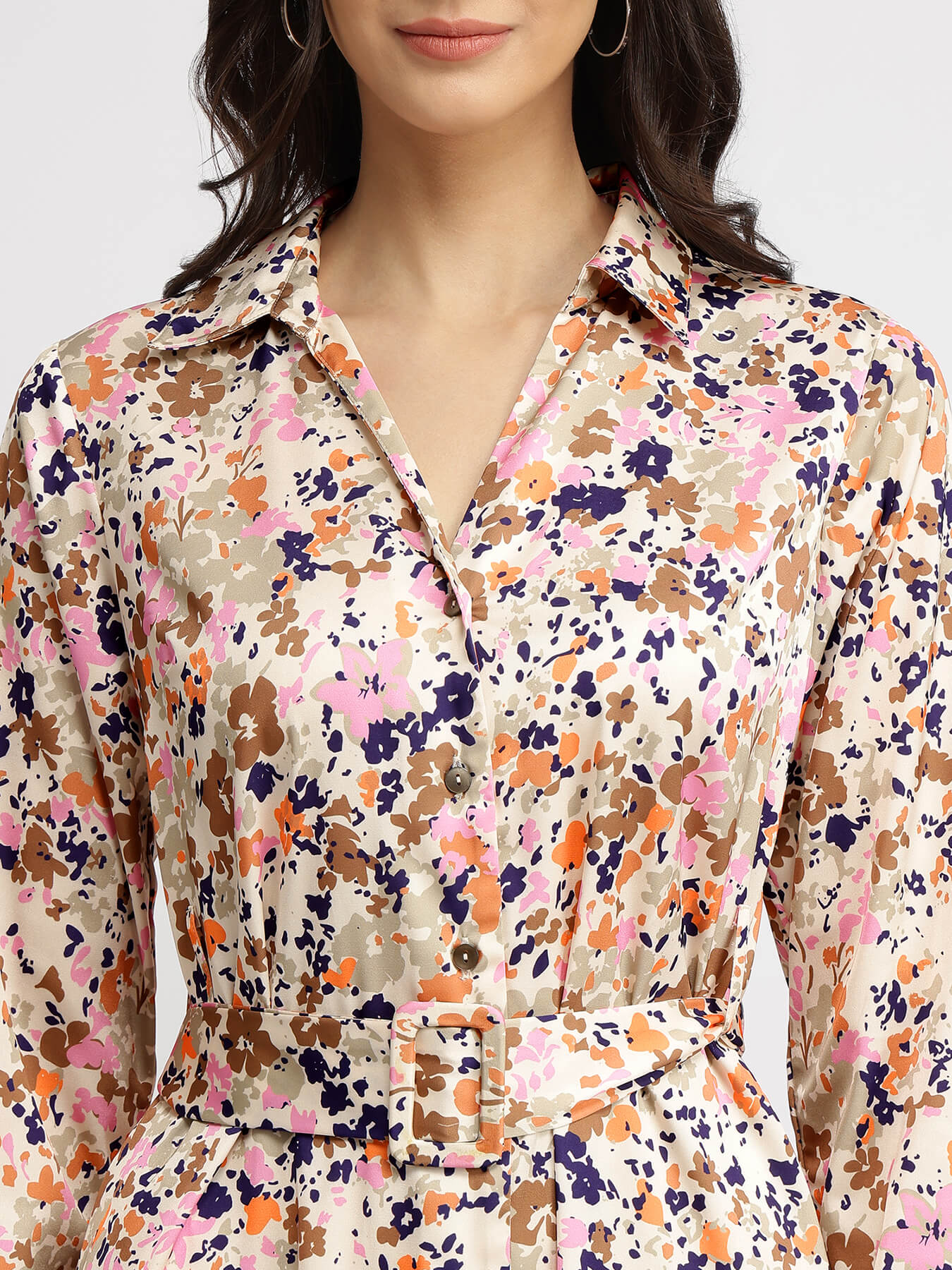 Satin Floral Button Down Dress - Multicolour
