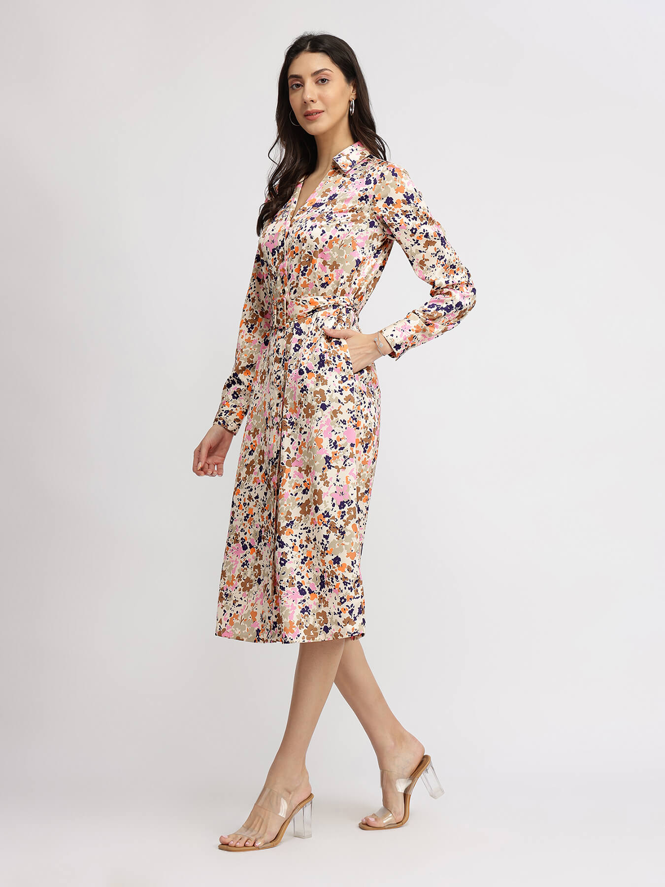 Satin Floral Button Down Dress - Multicolour