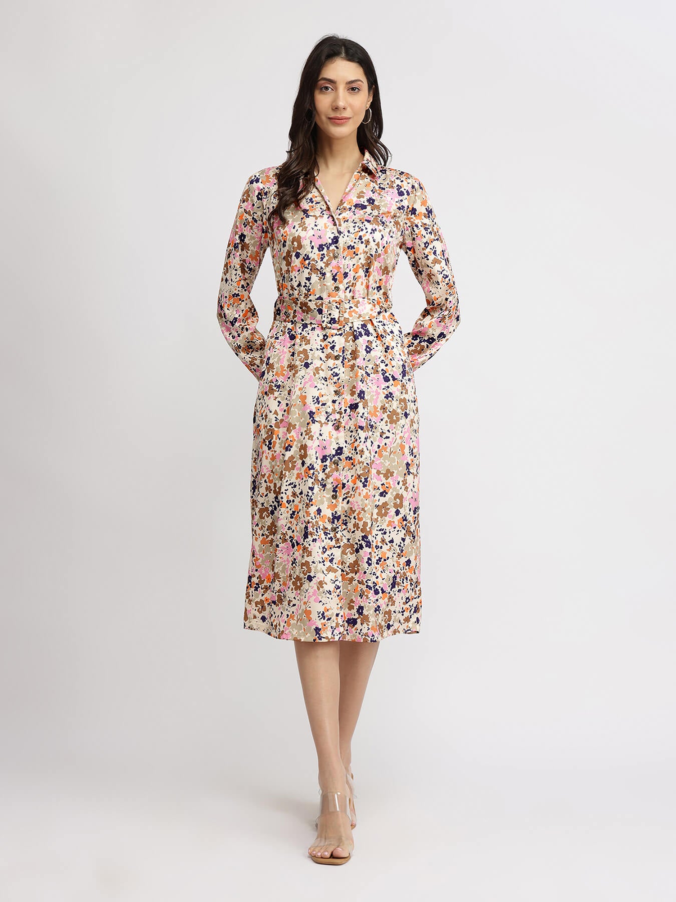 Satin Floral Button Down Dress - Multicolour