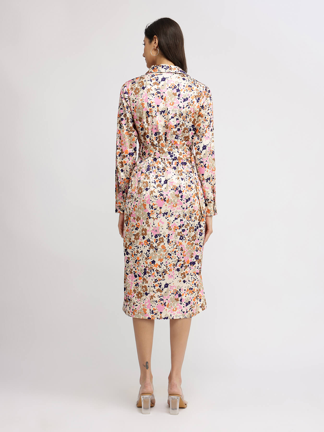 Satin Floral Button Down Dress - Multicolour