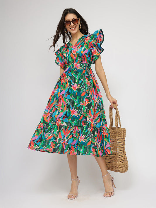 Cotton Floral Midi Dress - Green