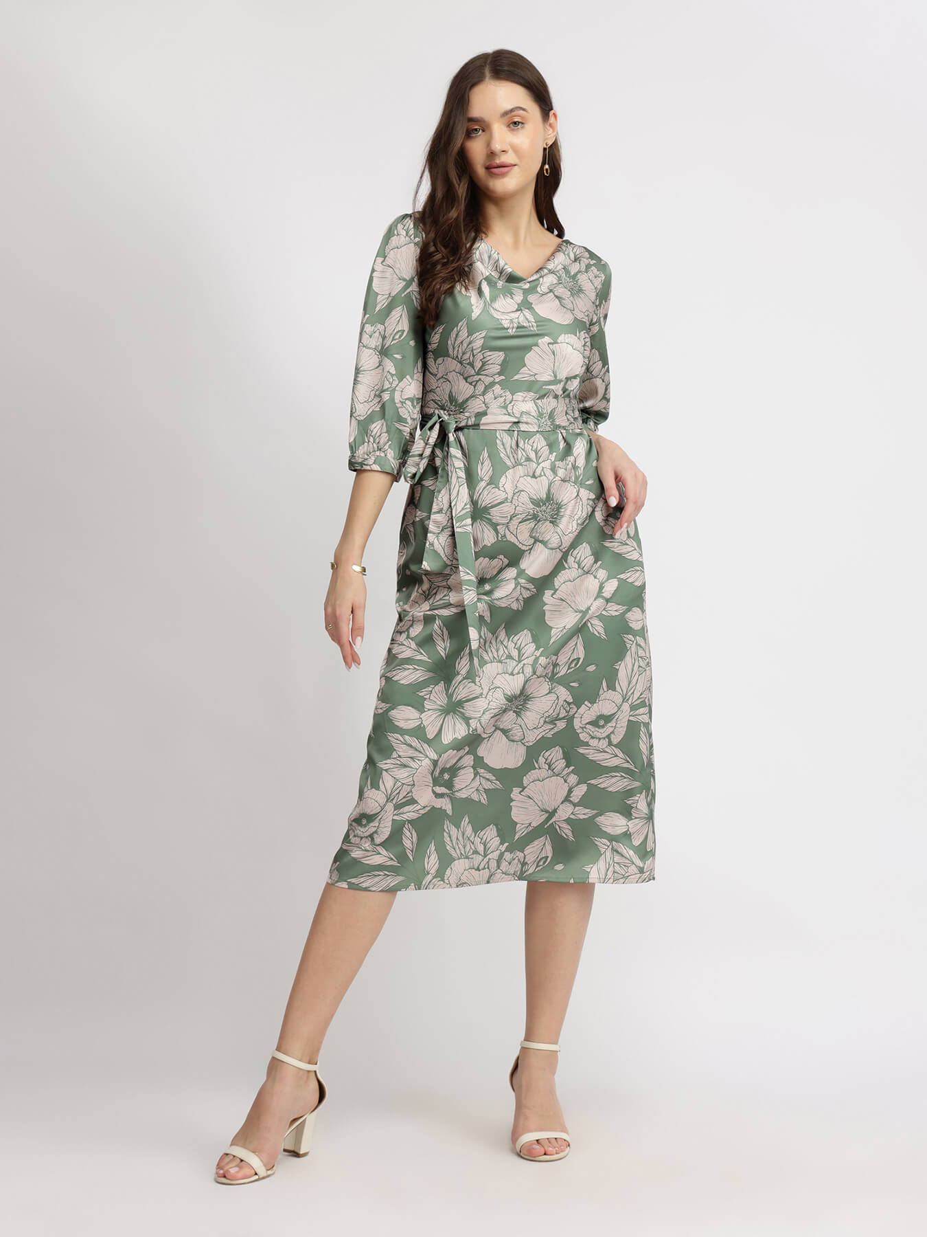 Satin Floral Midi Dress - Sage Green