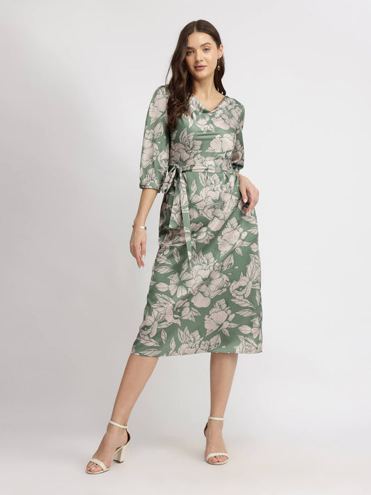 Satin Floral Midi Dress - Sage Green