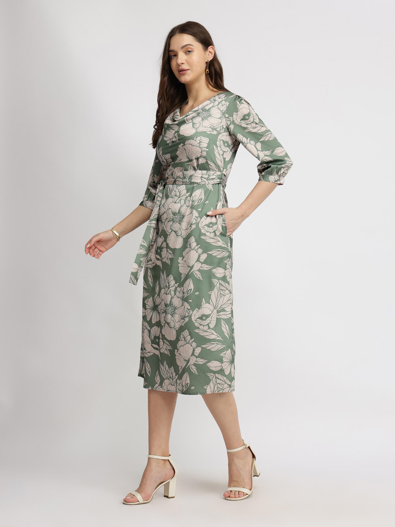 Satin Floral Midi Dress - Sage Green