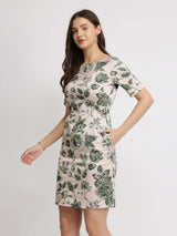 Satin Floral Shift Dress - Green
