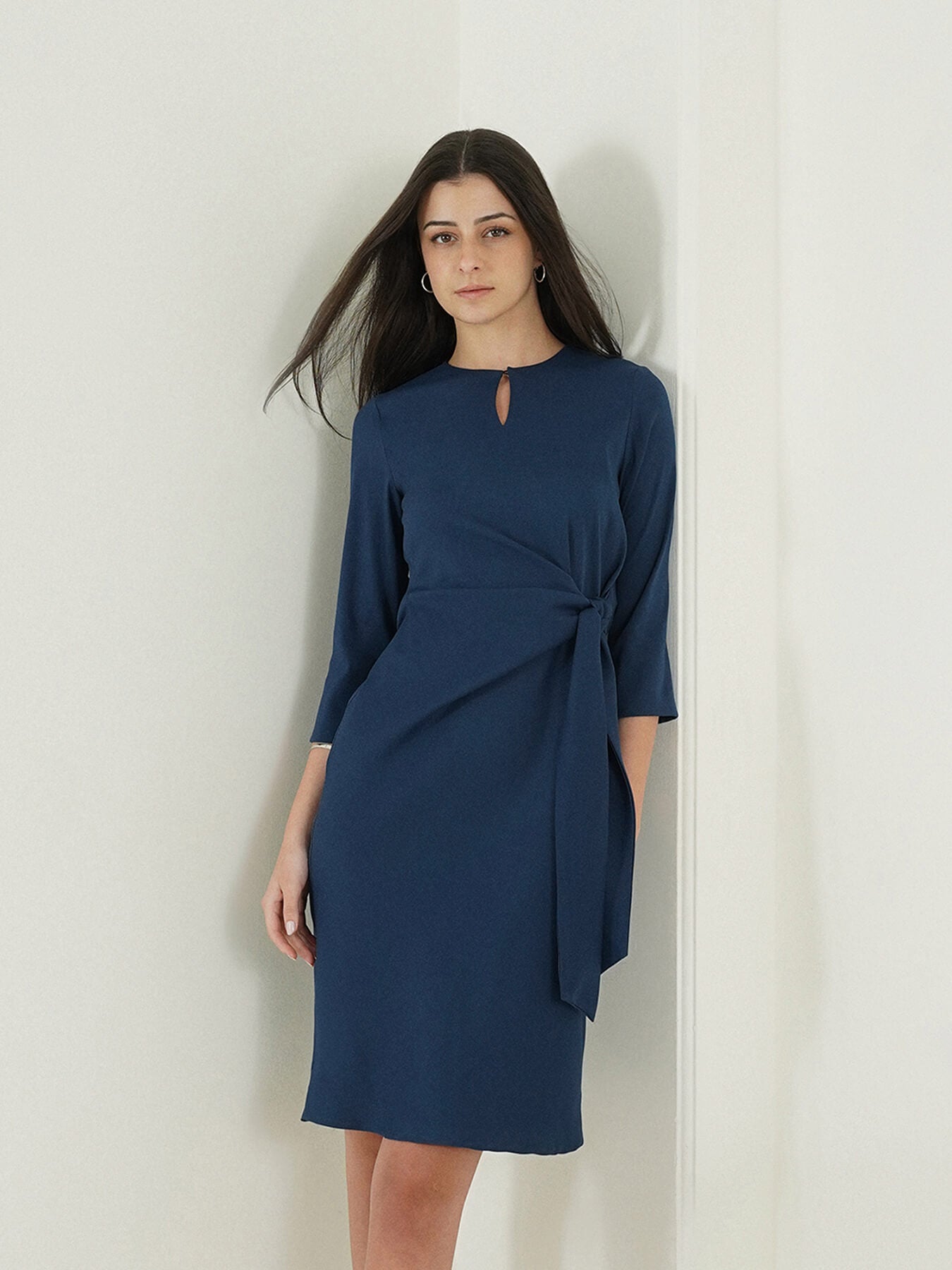 A-Line Tie-Up Dress - Navy Blue