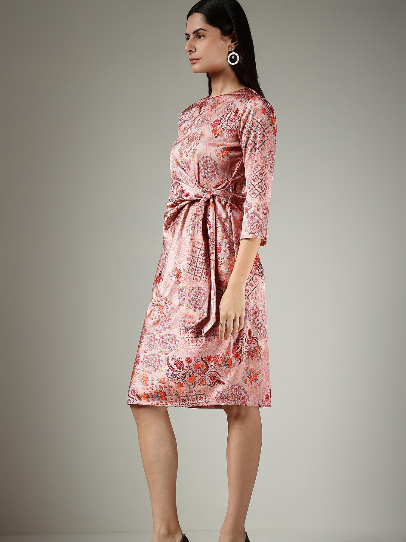Satin Tie-Up Dress - Peach
