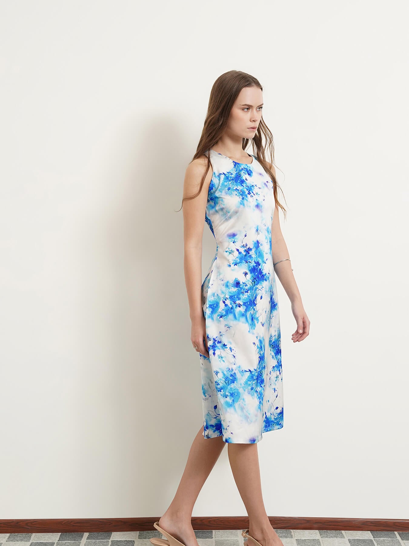 Satin Floral Sheath Dress - Blue