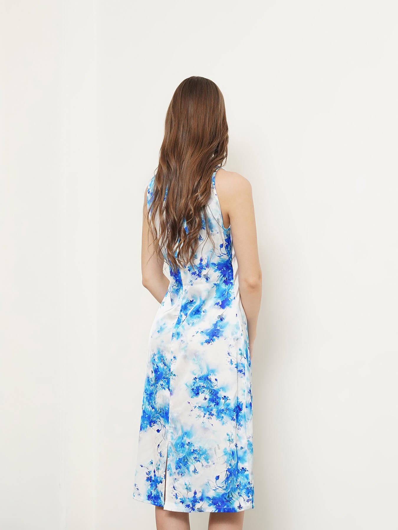 Satin Floral Sheath Dress - Blue