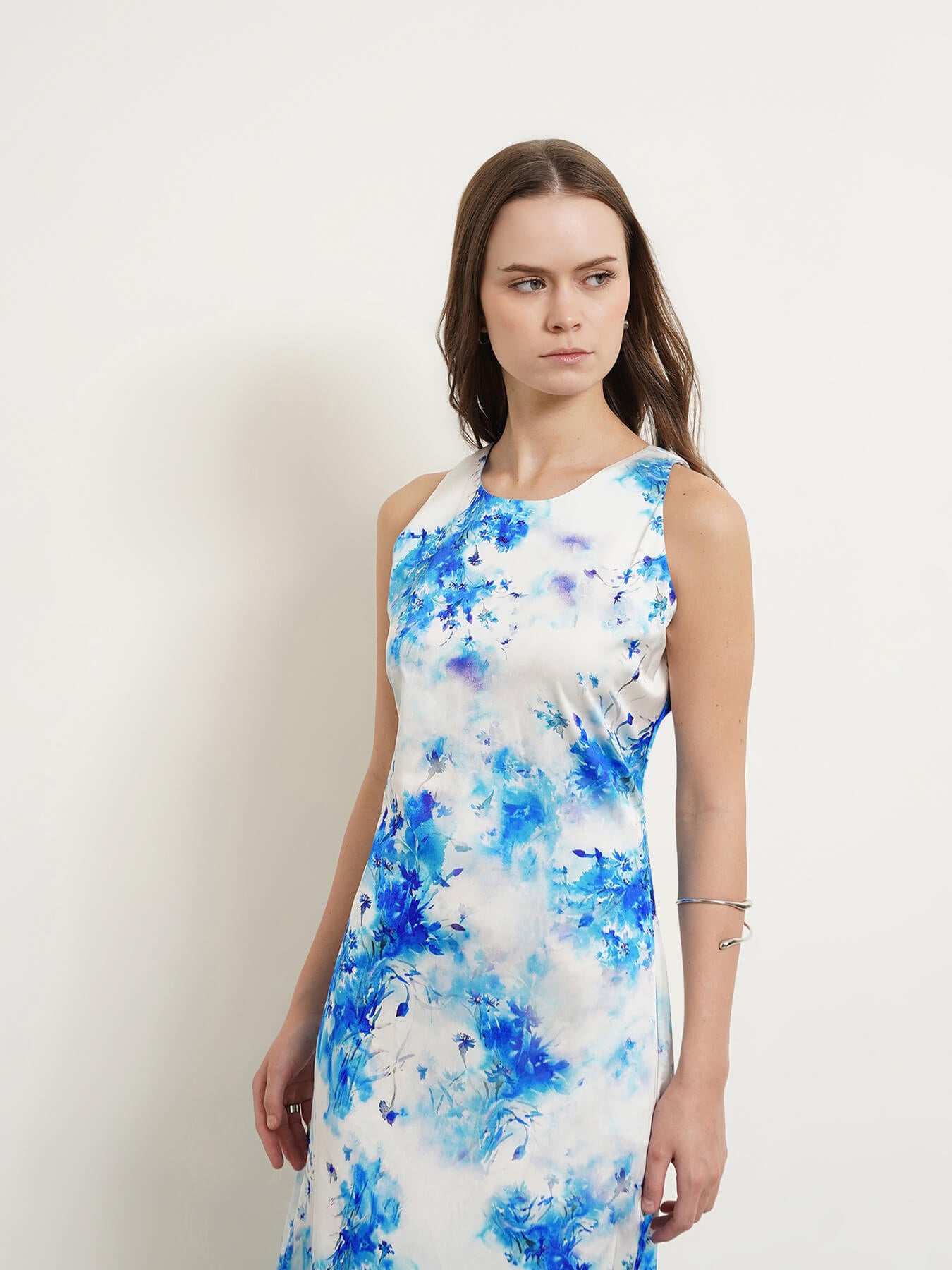 Satin Floral Sheath Dress - Blue