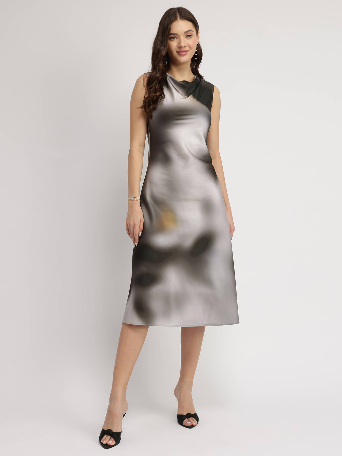 Marble Print A-Line Dress - Grey