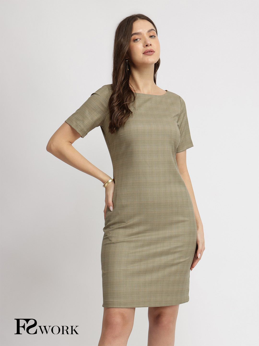 Boat Neck Shift Dress - Brown