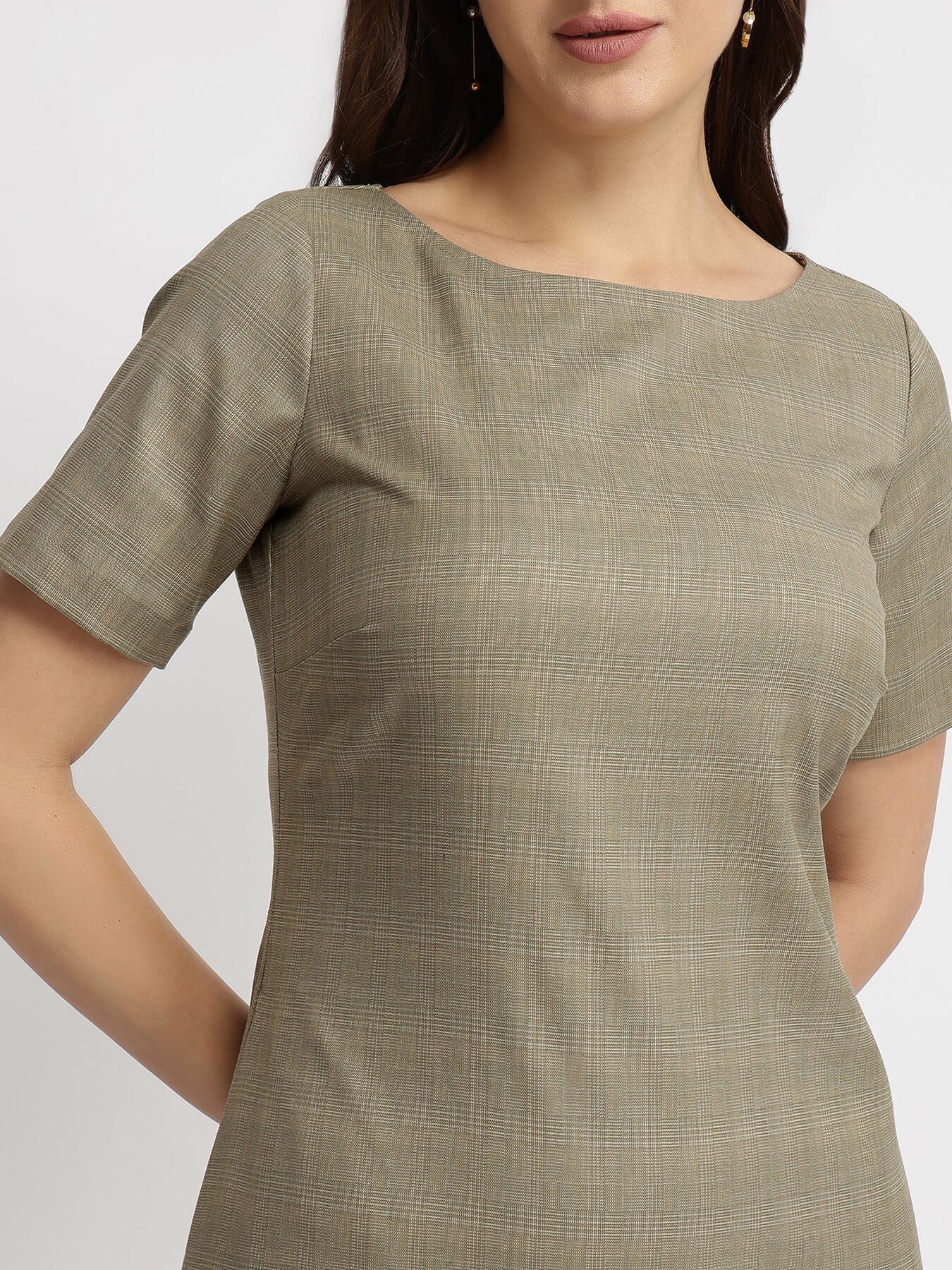 Boat Neck Shift Dress - Brown
