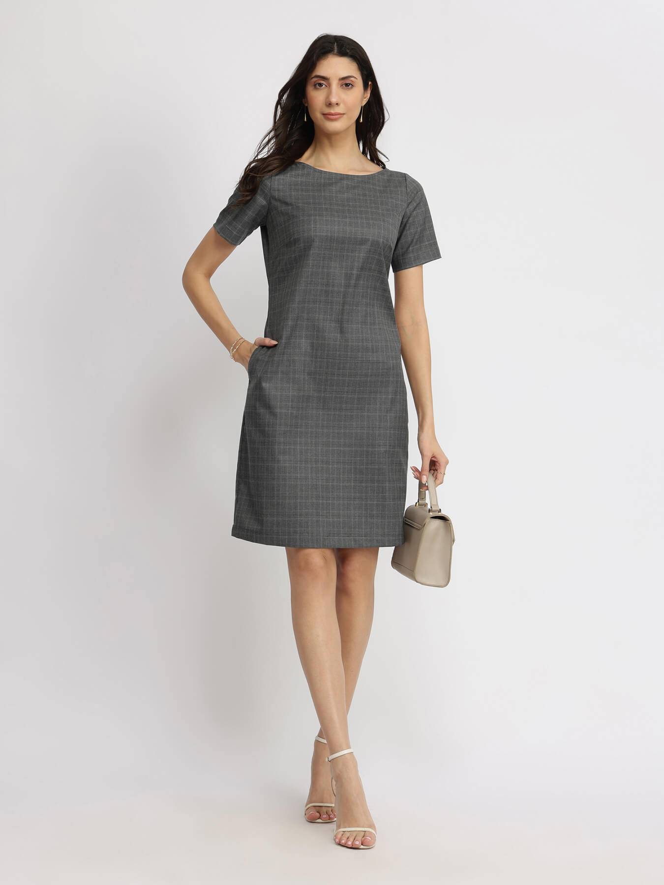 Boat Neck Shift Dress - Grey