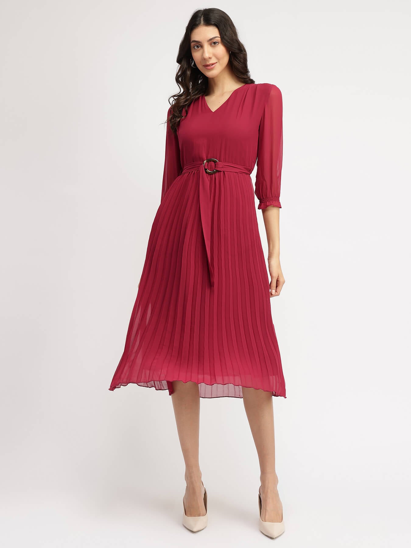 Pleated Fit and Flare Dress - Burgundy