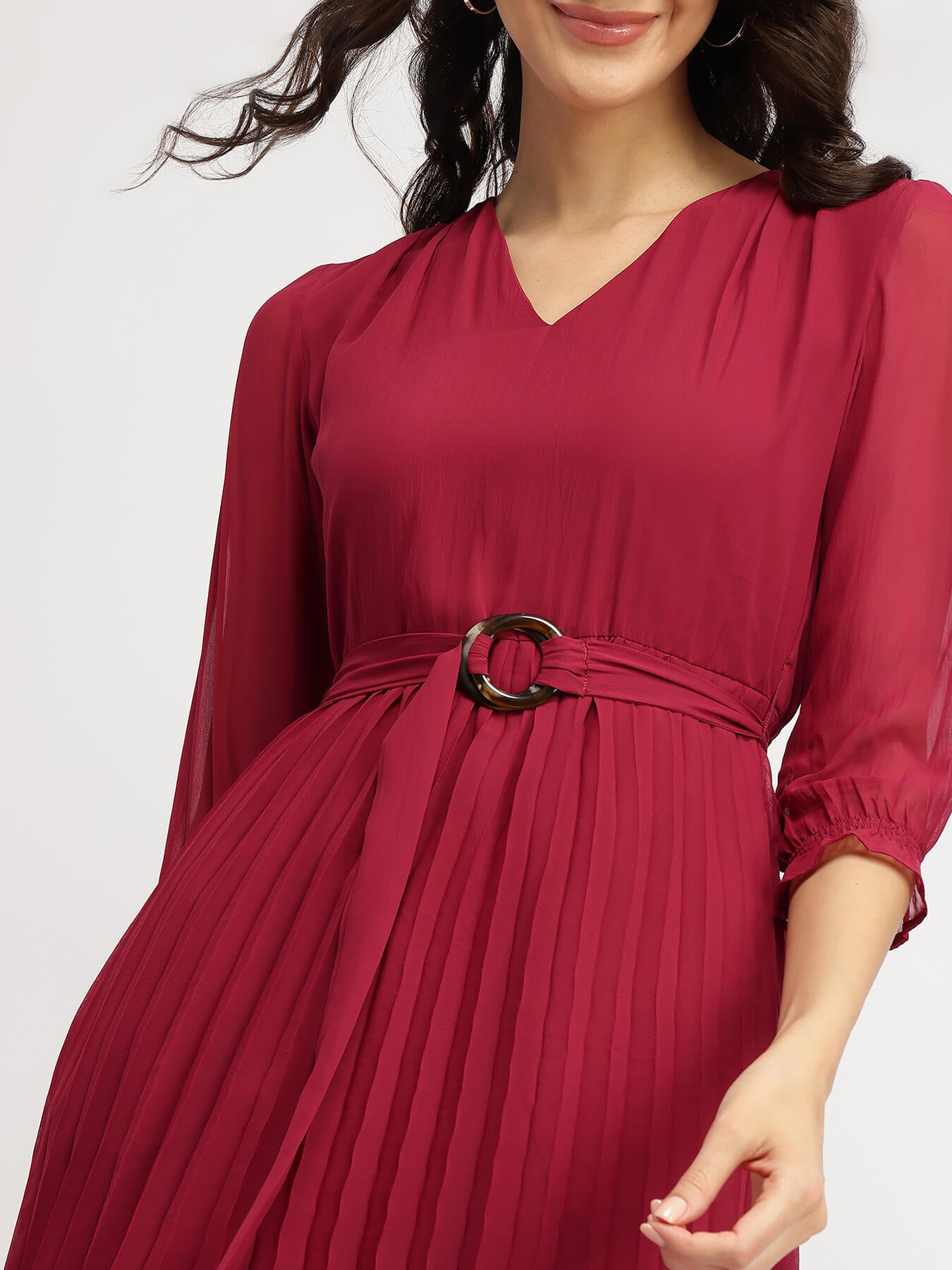 Pleated Fit and Flare Dress - Burgundy