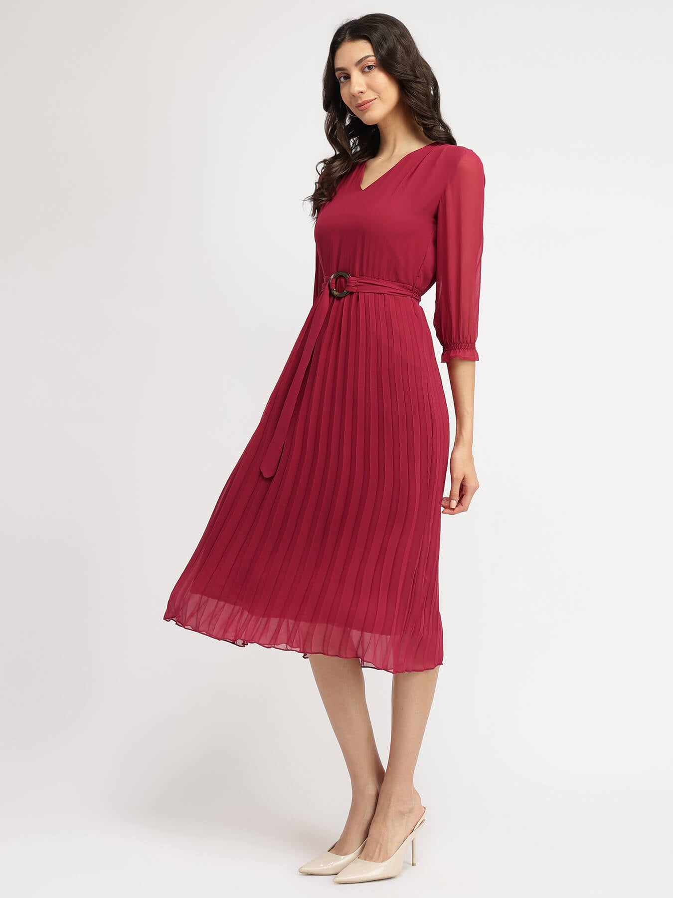 Pleated Fit and Flare Dress - Burgundy