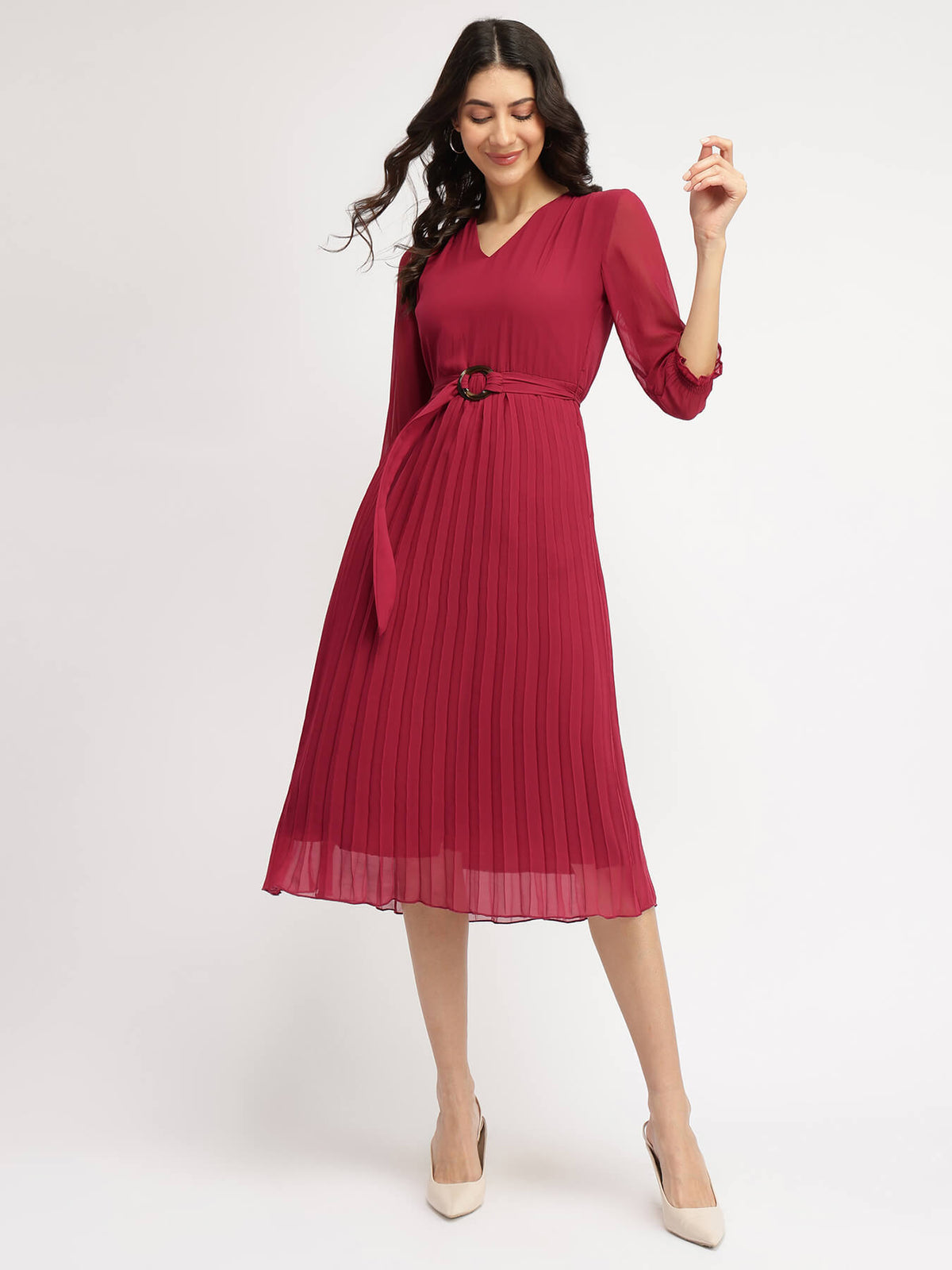 Pleated Fit and Flare Dress - Burgundy