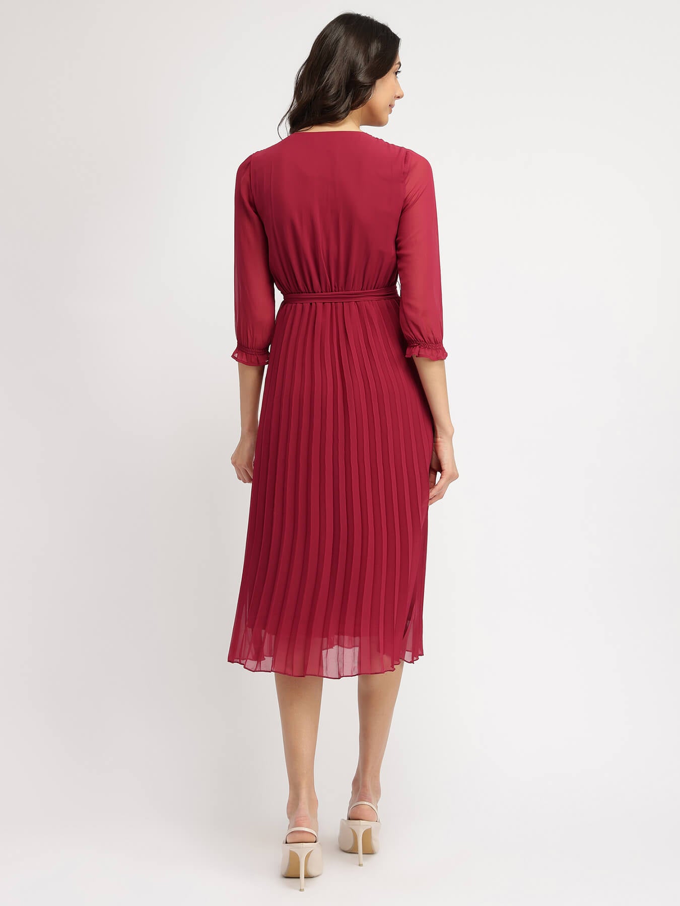 Pleated Fit and Flare Dress - Burgundy