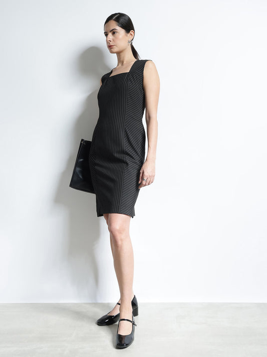 Pinstripe Sheath Dress - Black