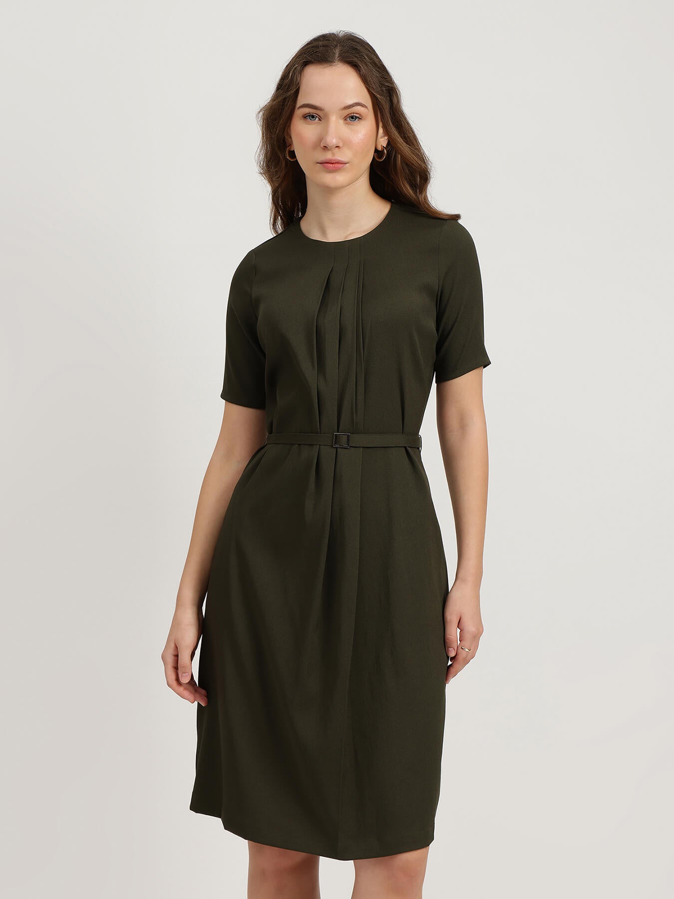 Pleated Shift Dress - Olive