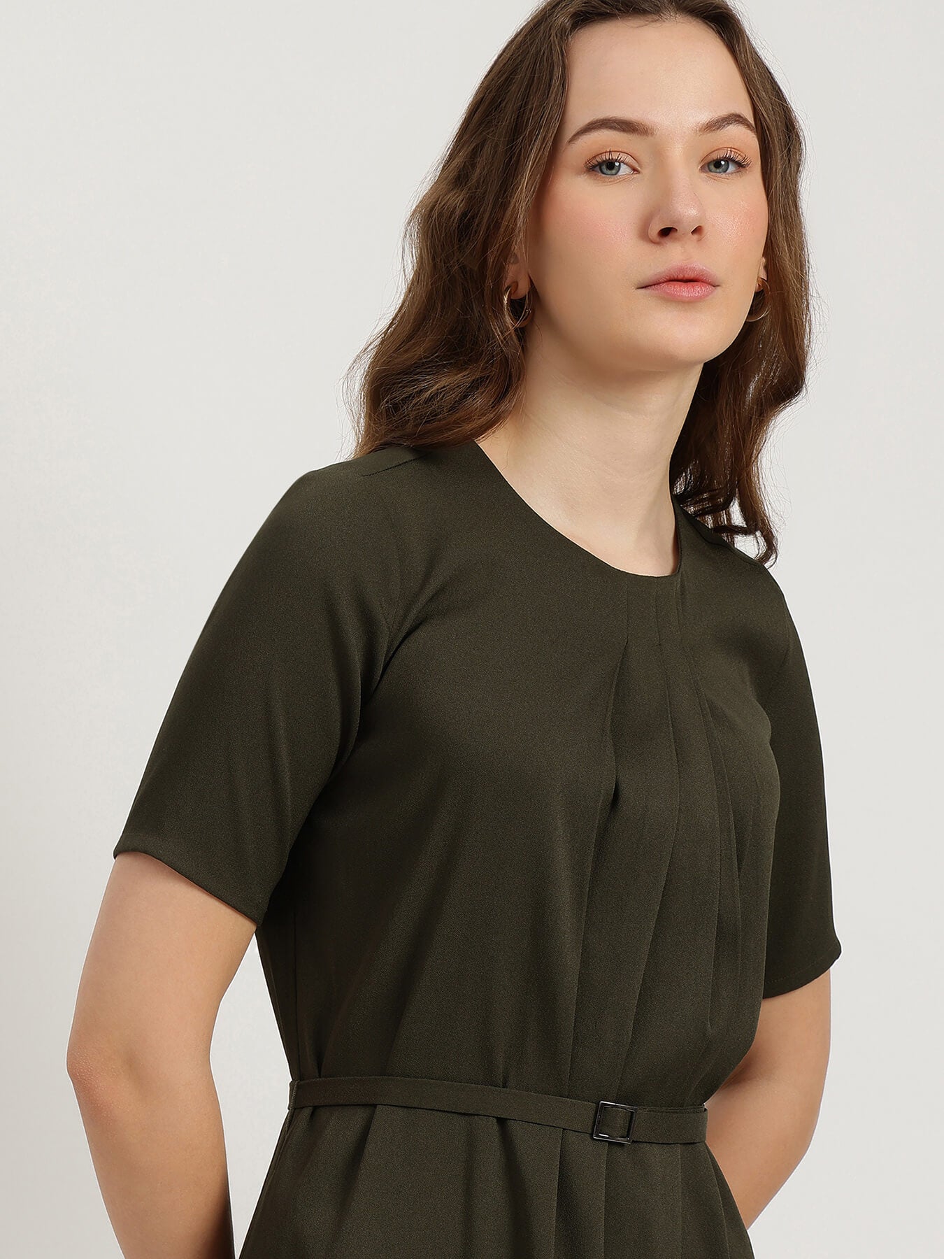 Pleated Shift Dress - Olive