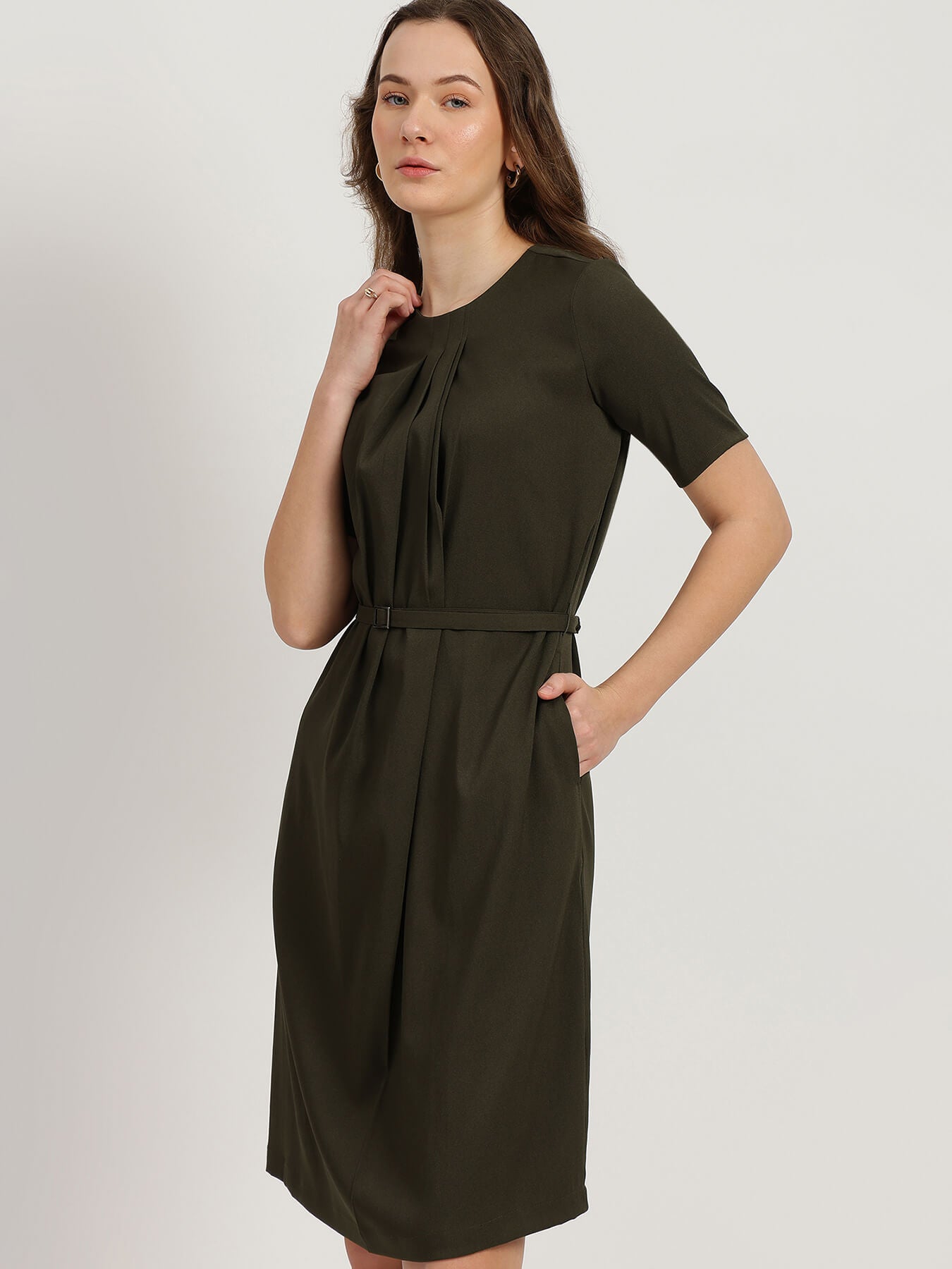 Pleated Shift Dress - Olive
