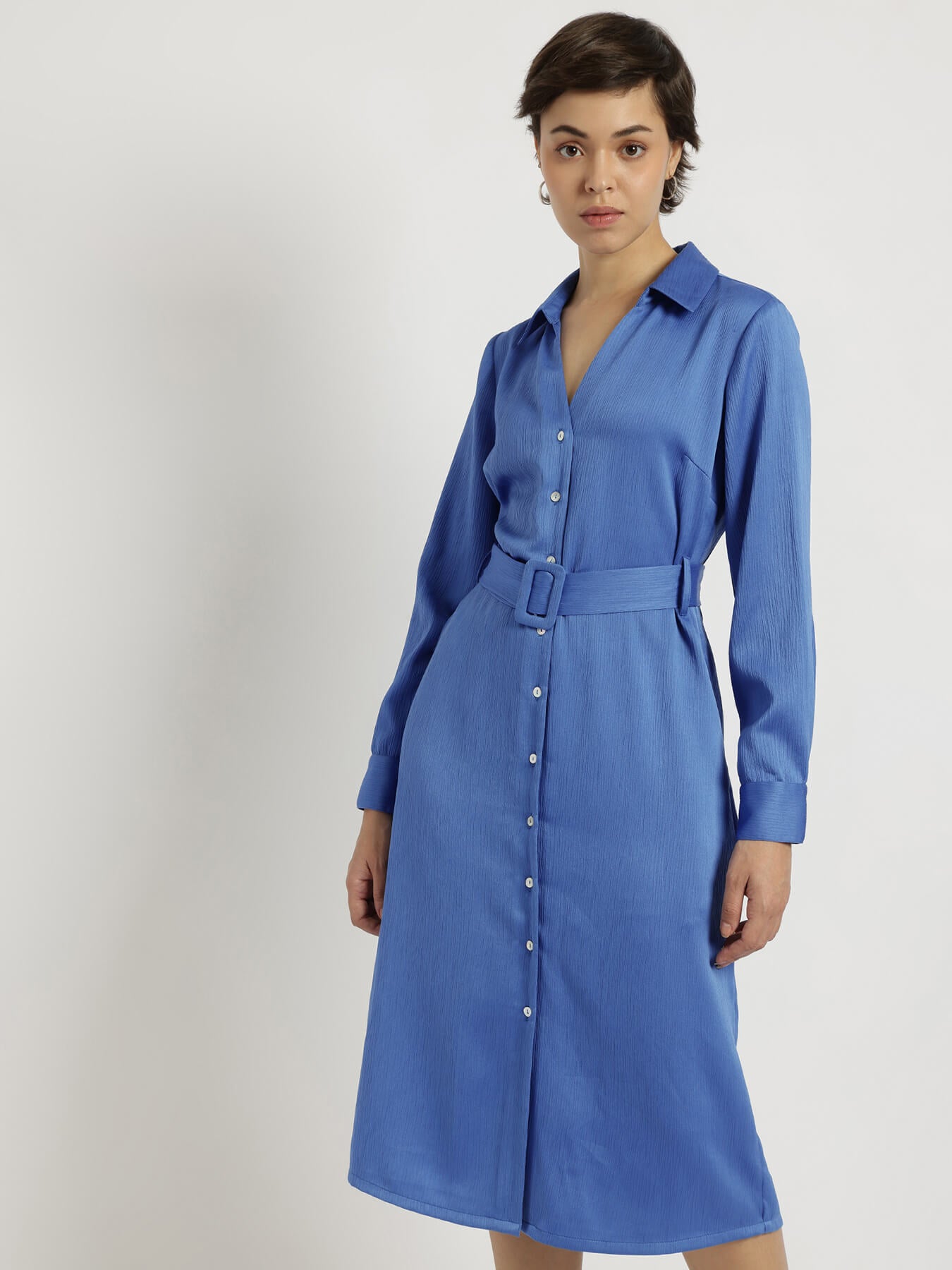 Satin Shirt Dress - Blue