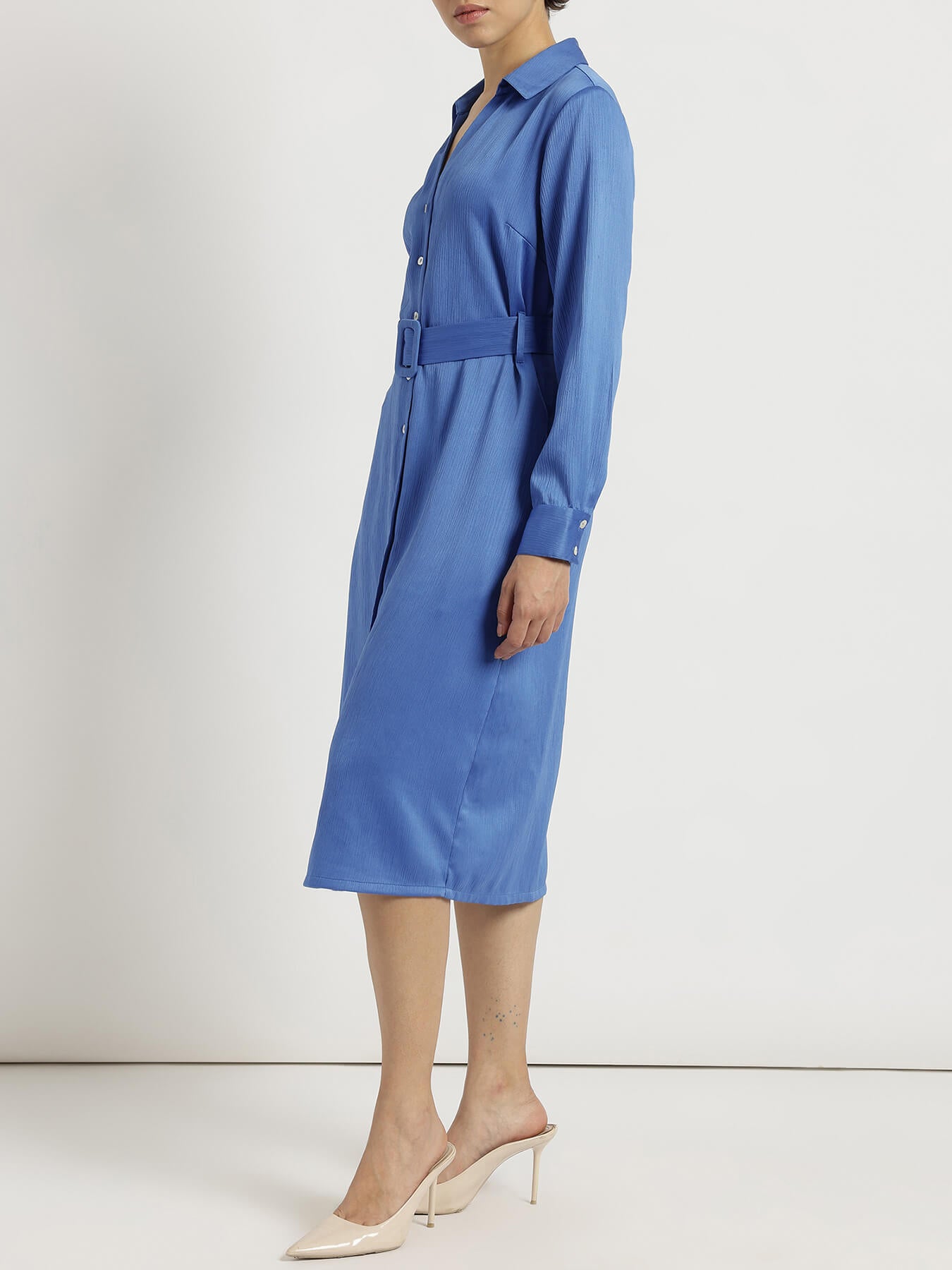 Satin Shirt Dress - Blue