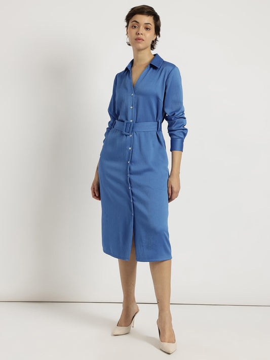 Satin Shirt Dress - Blue