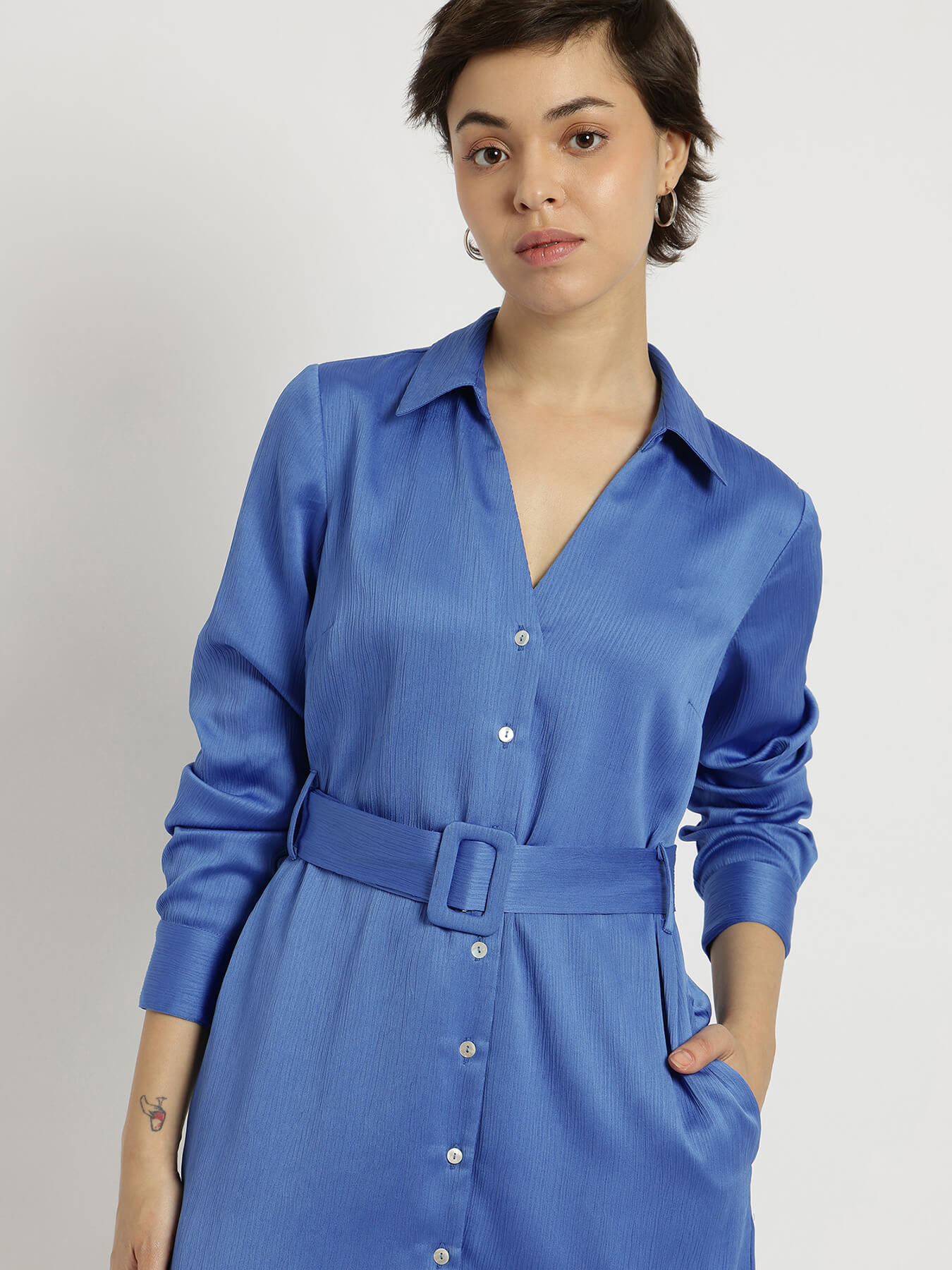Satin Shirt Dress - Blue