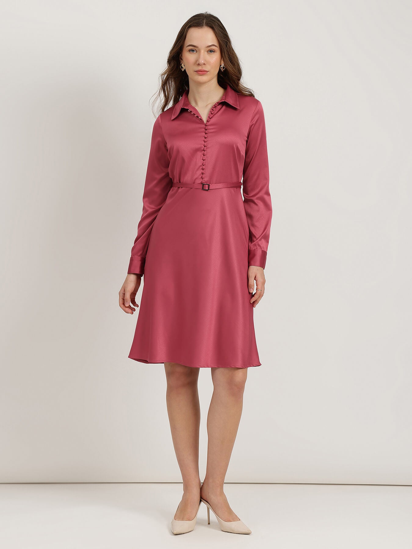 Satin Fit and Flare Dress - Red