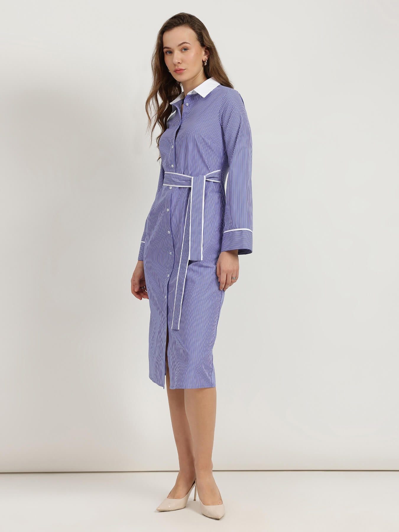 Cotton Striped Shirt Dress  - Blue
