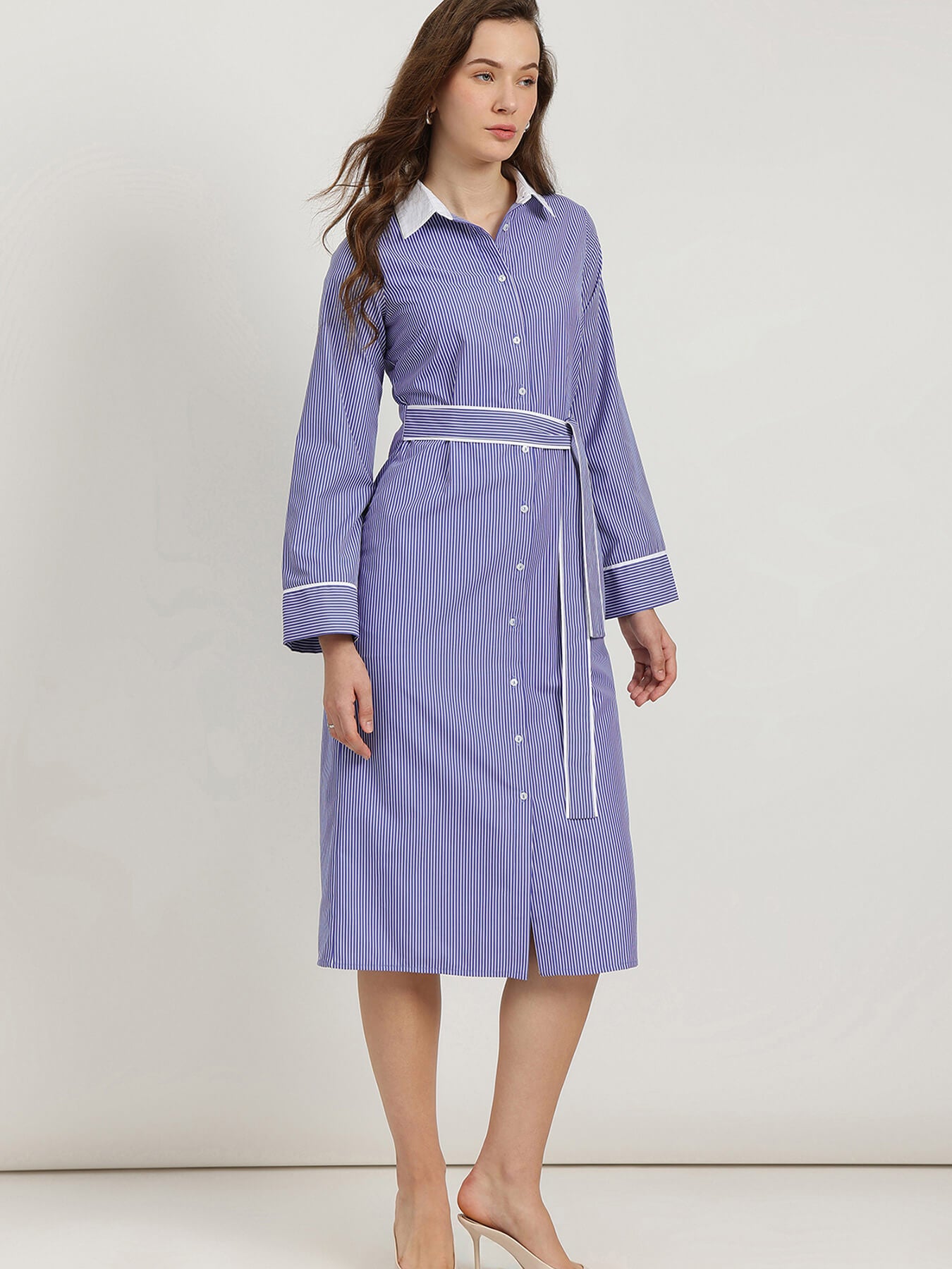Cotton Striped Shirt Dress  - Blue