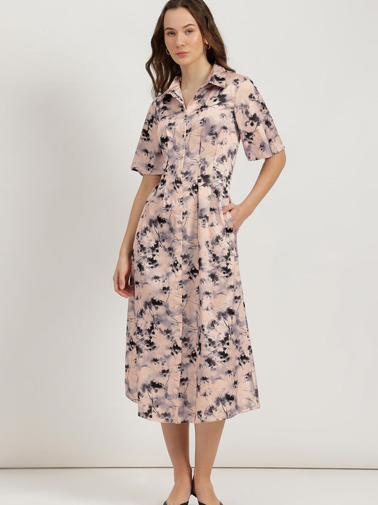 Satin Floral Shirt Dress - Multicolour