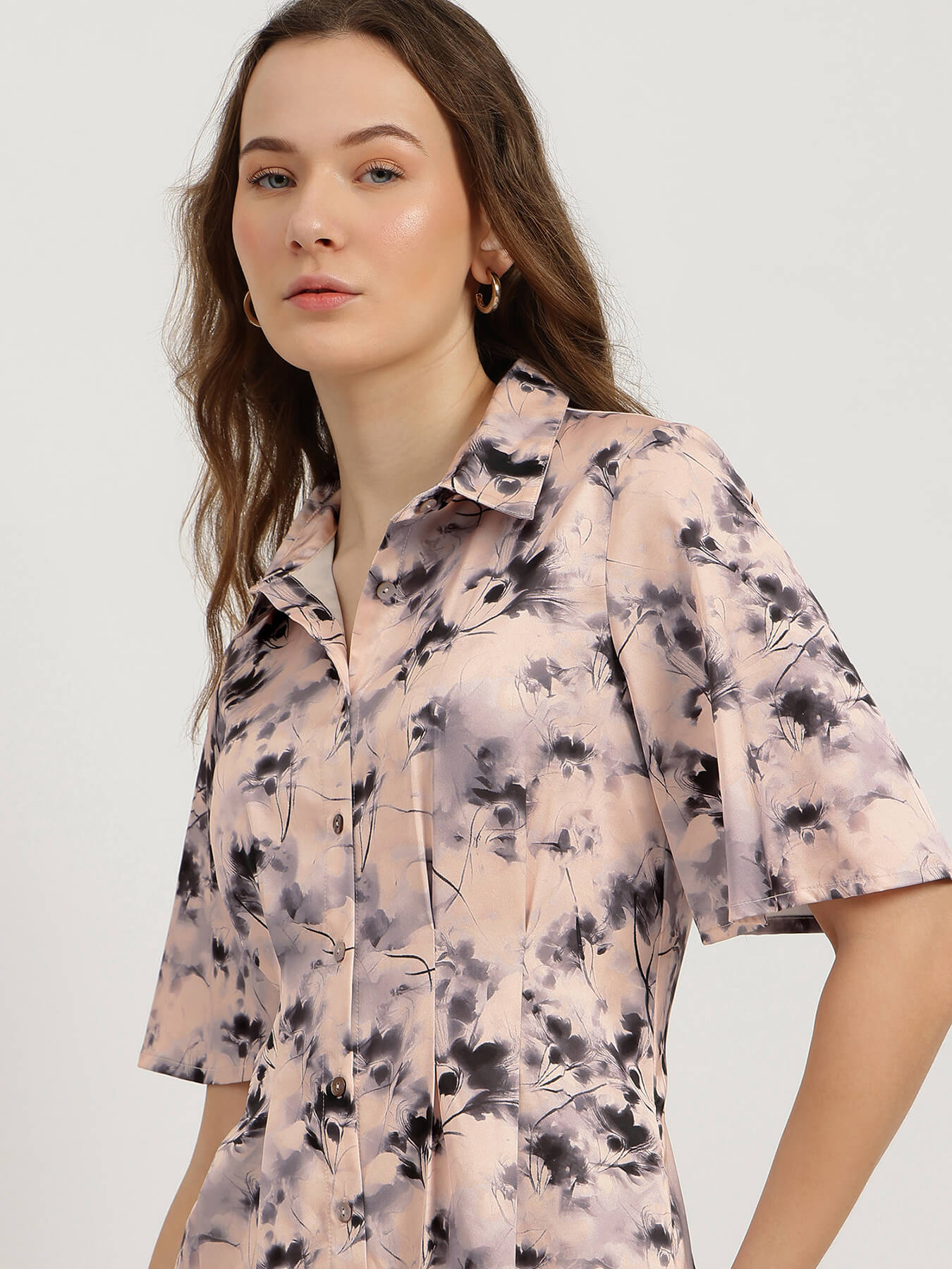 Satin Floral Shirt Dress - Multicolour