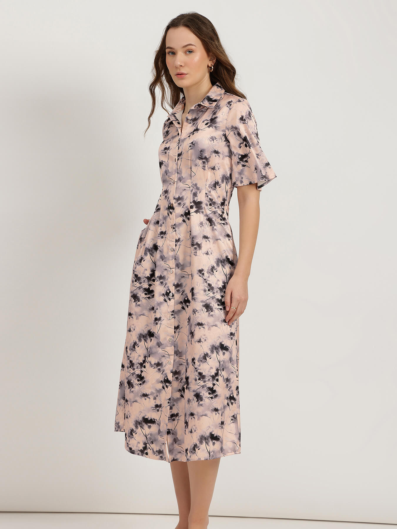 Satin Floral Shirt Dress - Multicolour
