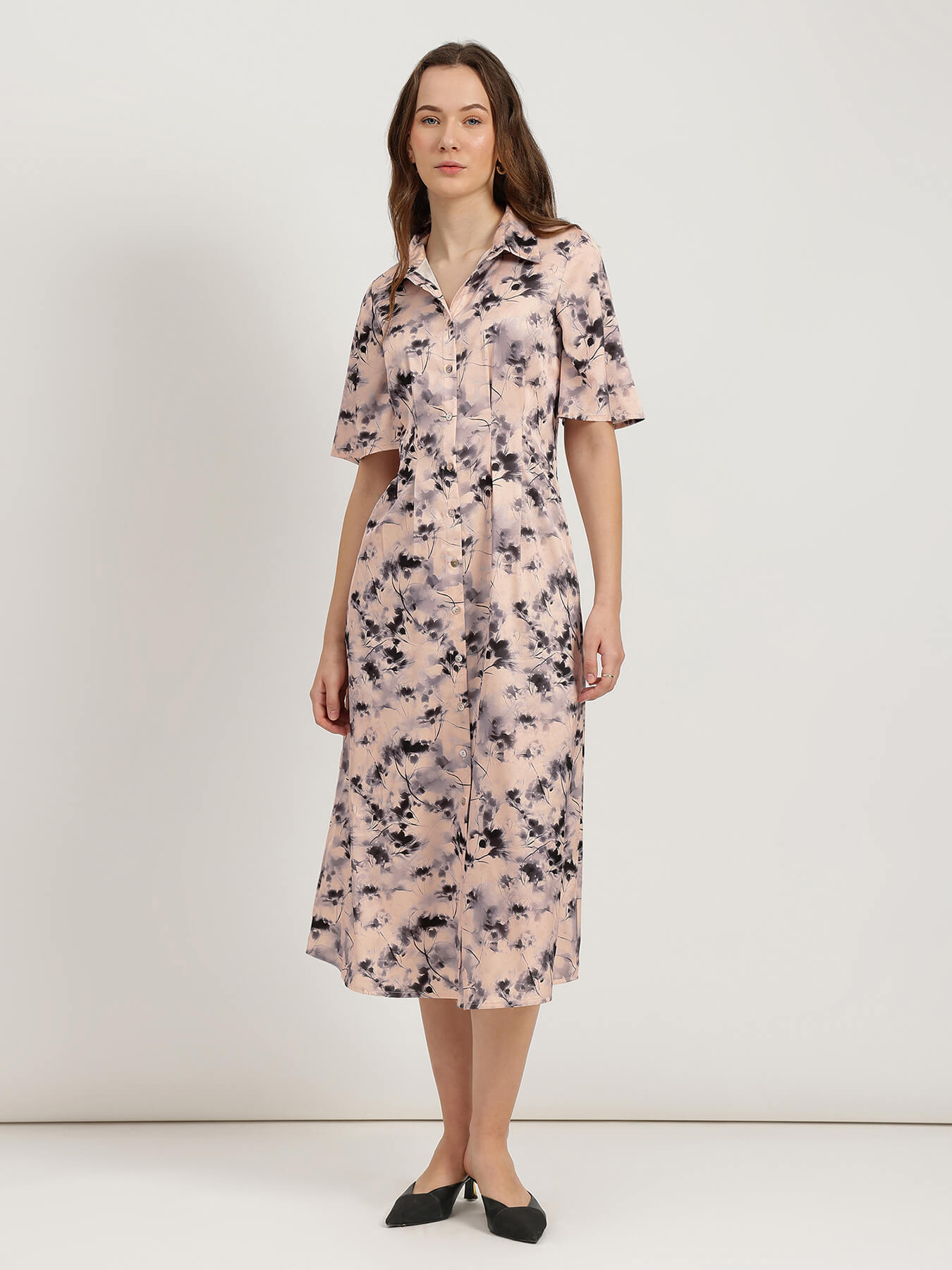 Satin Floral Shirt Dress - Multicolour