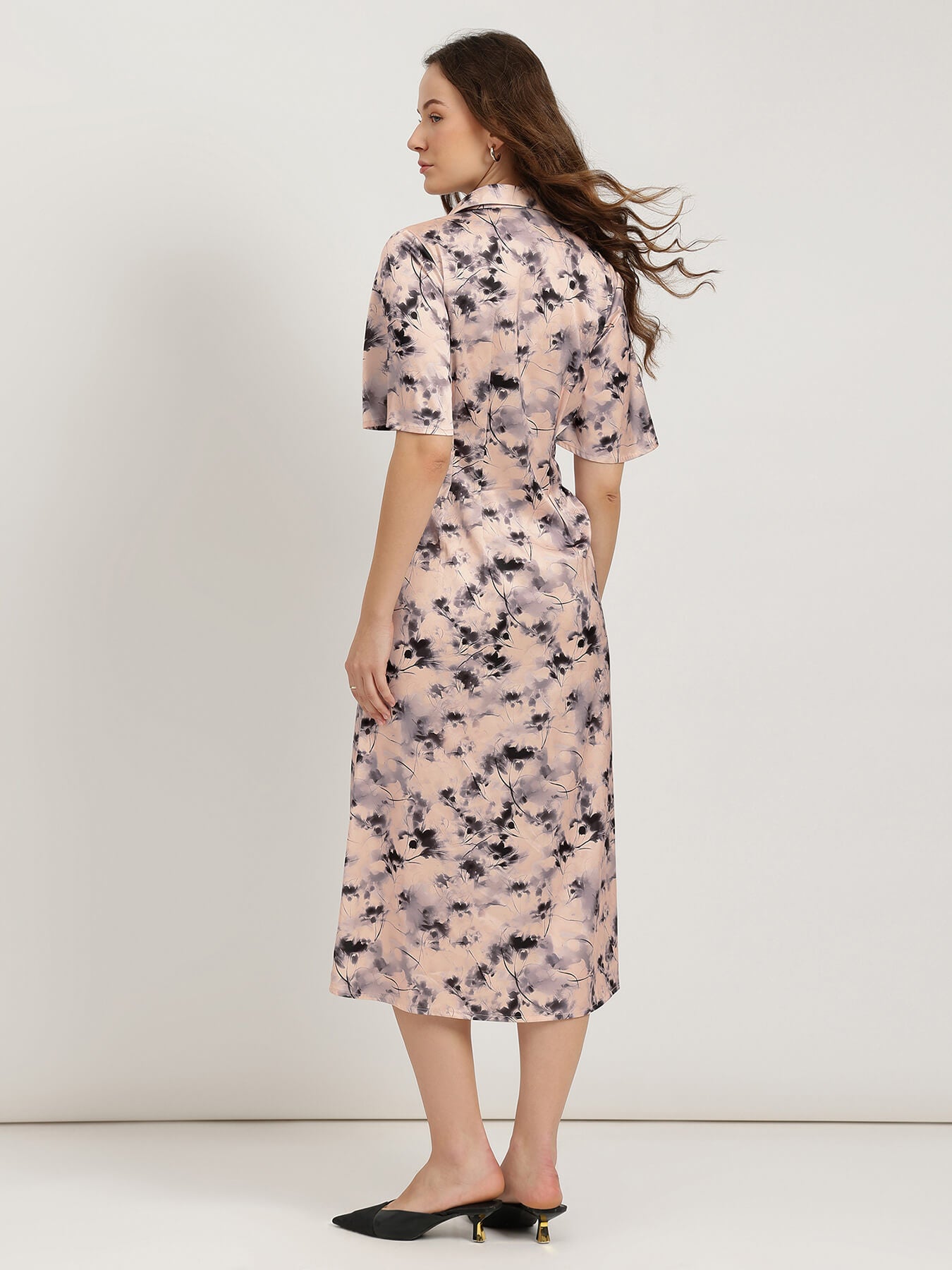Satin Floral Shirt Dress - Multicolour