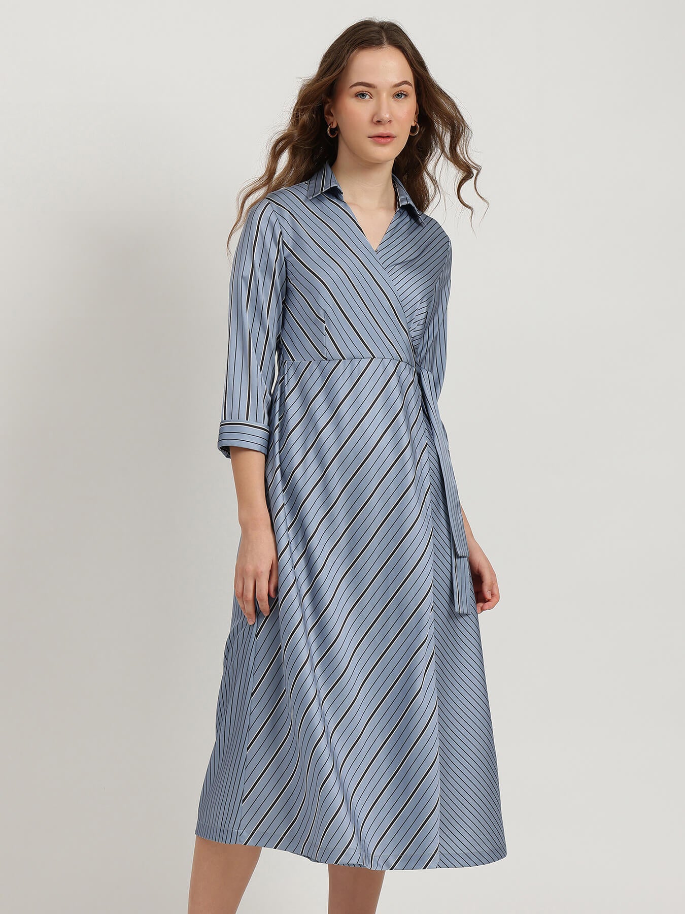 Satin Striped Wrap Dress - Blue