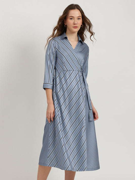 Satin Striped Wrap Dress - Blue