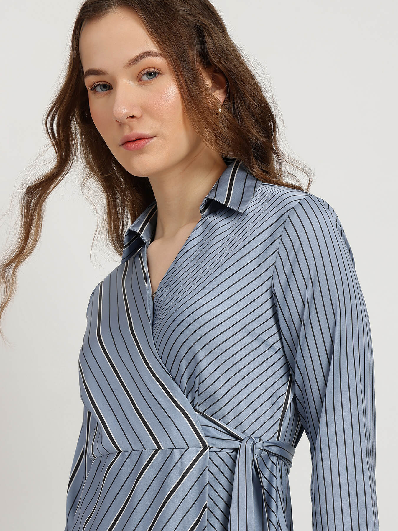 Satin Striped Wrap Dress - Blue