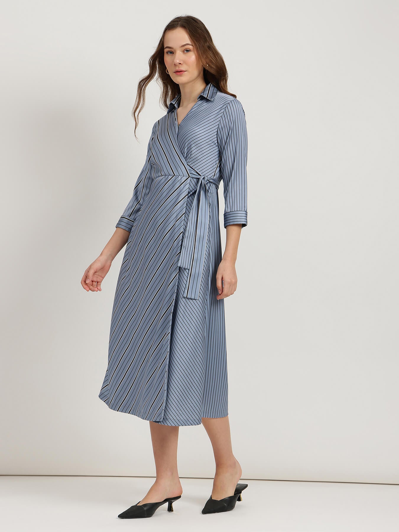 Satin Striped Wrap Dress - Blue