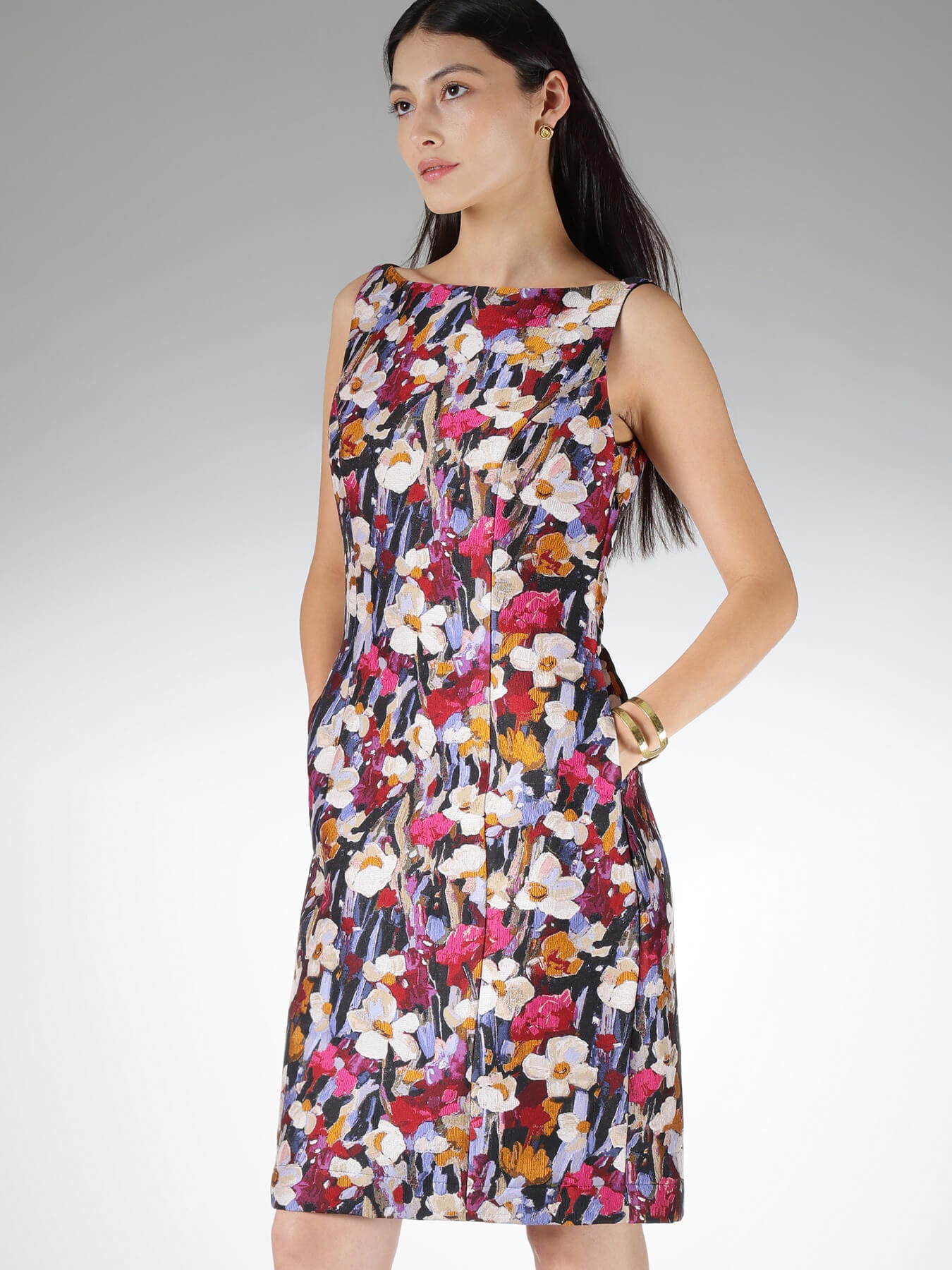 Brocade Floral Shift Dress - Multi-Color